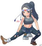  1girl akari_(pokemon) bare_arms black_gloves black_hair blush breasts brown_footwear choice_band collarbone commentary_request commission dan_nako fingerless_gloves full_body gloves grey_headband grey_legwear headband highres korean_commentary leggings long_hair loose_socks navel pokemon pokemon_(game) pokemon_legends:_arceus ponytail shoes sidelocks sleeveless solo squatting tied_hair 