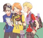  3boys amamiya_ren bag baseball_cap blonde_hair blue_shirt bookbag brown_hair casual gekkoukan_high_school_uniform hanamura_yousuke hand_fan hat headphones headphones_around_neck huan_li iori_junpei male_focus multiple_boys narukami_yuu paper_fan persona persona_3 persona_4 persona_5 red_shirt sakamoto_ryuuji school_uniform shirt towel towel_around_neck trait_connection uchiwa yellow_shirt yuuki_makoto 