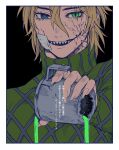  1boy absurdres argyle argyle_sweater bandage_on_face bandages blonde_hair blue_eyes canteen claws diego_brando fingernails glasgow_smile green_eyes heterochromia highres jojo_no_kimyou_na_bouken male_focus scary_monsters_(stand) setsunano sharp_fingernails slit_pupils solo stand_(jojo) steel_ball_run sweater translation_request 