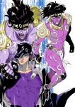  3boys armor black_hair colored_skin fingerless_gloves gakuran gloves hat highres jojo_no_kimyou_na_bouken kujo_jotaro loincloth long_coat long_hair male_focus multiple_boys nitako pauldrons purple_skin school_uniform shoulder_armor stand_(jojo) star_platinum stardust_crusaders tiara 