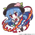  1girl 60mai apron bangs black_footwear black_headwear blue_hair blue_skirt chibi clenched_hand closed_mouth flaming_sword flaming_weapon full_body hair_between_eyes hand_up hinanawi_tenshi long_hair lowres outline rainbow_order red_eyes sample shirt short_sleeves simple_background skirt smile solo sword_of_hisou touhou very_long_hair watermark white_background white_shirt 