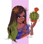  1girl black_hair cactus dark-skinned_female dark_skin encanto highres holding holding_plant isabela_madrigal mole multicolored_hair plant solo thick_eyebrows zahradraw 