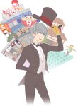  amagi_yukiko architecture billboard bow bowtie doujima_nanako east_asian_architecture flat_color grey_hair hanamura_yousuke hat holding holding_clothes holding_hat huan_li kujikawa_rise kuma_(persona_4) narukami_yuu persona persona_4 satonaka_chie scarecrow shamoji shirogane_naoto tatsumi_kanji top_hat tuxedo 