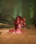  anthro arilace blue_eyes bubble canid canine dipstick_ears eyebrows eyelashes female forest fox fur hair hi_res mammal multicolored_ears partially_submerged plant ponytail quicksand red_hair sand shoulder_tuft sinking solo tree tuft 