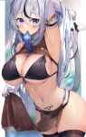  1girl absurdres arm_behind_head arm_up armpits bangs bikini black_bikini black_hair black_legwear blue_eyes blue_necktie blurry blurry_background breasts cat_tail cattail cleavage elbow_gloves eyebrows_visible_through_hair gloves hair_between_eyes highres kuroshiro_kanae large_breasts letterboxed light_blue_hair long_hair looking_at_viewer mouth_hold multicolored_hair necktie original pelvic_curtain plant revealing_clothes ribbon sideboob sidelocks solo streaked_hair swimsuit swimsuit_under_clothes tail tail_ornament tail_ribbon thighhighs two-tone_hair underboob 