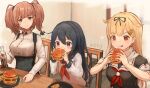  3girls akatsuki_(kancolle) akatsuki_kai_ni_(kancolle) atlanta_(kancolle) black_ribbon black_sailor_collar black_serafuku black_skirt blonde_hair bottle brown_hair burger buttons closed_mouth cola collared_shirt commission eating eyebrows_visible_through_hair food grey_eyes hair_between_eyes hair_flaps hair_ornament hair_ribbon hairclip hat hat_removed headwear_removed high-waist_skirt holding holding_bottle holding_food kantai_collection long_hair long_sleeves multiple_girls neckerchief purple_eyes purple_hair red_eyes red_neckerchief ribbon sailor_collar school_uniform serafuku shirt short_sleeves sitting skeb_commission skirt smile soda_bottle suspender_skirt suspenders tongue tongue_out two_side_up white_shirt wss_(nicoseiga19993411) yuudachi_(kancolle) yuudachi_kai_ni_(kancolle) 