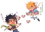  &gt;_&lt; 2boys battle_tendency black_hair blonde_hair blue_eyes blue_jacket blush bubble caesar_anthonio_zeppeli chinese_text chocolate denim facial_mark feather_hair_ornament feathers fingerless_gloves gloves green_eyes green_scarf hair_ornament heart heart_bubbles huan_li jacket jeans jojo_no_kimyou_na_bouken joseph_joestar joseph_joestar_(young) knee_pads male_focus midrff multiple_boys pants pink_scarf scarf translation_request 