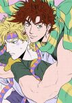  2boys battle_tendency blonde_hair bow brown_hair caesar_anthonio_zeppeli facial_mark feather_hair_ornament feathers fingerless_gloves gloves green_eyes green_scarf hair_ornament headband highres hug hug_from_behind jojo_no_kimyou_na_bouken joseph_joestar joseph_joestar_(young) male_focus multicolored_clothes multicolored_scarf multiple_boys nitako scarf scarf_bow triangle_print yellow_scarf 