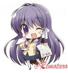  1girl beige_jacket blazer blue_skirt chibi clannad commentary_request dango_daikazoku fujibayashi_kyou hair_intakes hair_ribbon hikarizaka_private_high_school_uniform jacket long_hair looking_at_viewer one_eye_closed paper pleated_skirt purple_eyes purple_hair remotaro ribbon sailor_collar school_uniform serafuku simple_background skirt smile solo standing thighhighs twitter_username white_background white_legwear white_sailor_collar 