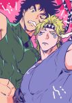  2boys abs battle_tendency black_hair blonde_hair blue_shirt caesar_anthonio_zeppeli crop_top facial_mark feather_hair_ornament feathers fingerless_gloves gloves green_eyes hair_ornament headband highres jojo_no_kimyou_na_bouken joseph_joestar joseph_joestar_(young) male_focus midriff multiple_boys nitako one_eye_closed shirt sleeveless sleeveless_turtleneck t-shirt turtleneck 