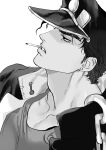  1boy cigarette gakuran greyscale hat high_collar highres jojo_no_kimyou_na_bouken kujo_jotaro male_focus monochrome nitako school_uniform solo stardust_crusaders 