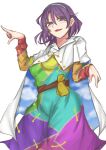  1girl absurdres cape cloak cloud_print dress eyebrows_visible_through_hair eyelashes hairband highres kuraki long_sleeves multicolored_clothes multicolored_dress multicolored_hairband open_mouth patchwork_clothes pointing purple_dress purple_eyes purple_footwear rainbow_gradient short_hair simple_background sky_print tenkyuu_chimata touhou two-sided_cape two-sided_fabric white_background white_cape white_cloak zipper 