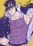  1boy abs black_hair blue_shirt chain closed_eyes dressing gakuran hat high_collar highres jojo_no_kimyou_na_bouken kujo_jotaro long_coat male_focus muscular muscular_male nitako school_uniform shirt solo tight 