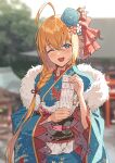  1girl ;d ahoge animal_print blonde_hair blue_eyes blue_kimono blurry blurry_background blush butterfly_print dango_hair_ornament day eyebrows_visible_through_hair flower flower_knot food-themed_hair_ornament fur_scarf furisode hair_between_eyes hair_flower hair_ornament hair_over_shoulder hair_ribbon hair_stick hatsumoude highres holding holding_paper icarus_(632247131) japanese_clothes kimono long_hair looking_at_viewer obi obiage obijime omikuji one_eye_closed open_mouth orange_hair outdoors paper pecorine_(princess_connect!) princess_connect! ribbon sash shrine smile solo sunlight upper_body wide_sleeves 