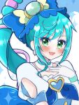  1girl :d blue_bow blue_hair blush bow brooch cure_spicy delicious_party_precure detached_collar earrings fuwa_kokone gloves green_eyes hair_bow hair_ornament hair_rings heart heart_brooch highres jewelry long_hair looking_at_viewer magical_girl multicolored_hair open_mouth pink_hair ponytail precure puffy_sleeves smile solo two-tone_hair umiyuki_(umi_chu) upper_body white_gloves 