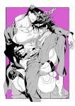  2boys carrying chain fingerless_gloves gakuran gloves halftone hat highres jojo_no_kimyou_na_bouken kujo_jotaro long_coat multiple_boys nitako princess_carry school_uniform stand_(jojo) star_platinum stardust_crusaders 