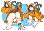  2021 anthro backsack balls biscuit_(bizkit) blazblue bulluppa butt clothing digital_media_(artwork) domestic_cat duo eye_patch eyewear felid feline felis fur genitals hi_res jubei_(blazblue) looking_back male male/male mammal micro mouse murid murine open_mouth rodent size_difference video_games 