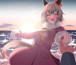  1boy 1girl animal_ears bangs beach blush bow closed_eyes cloud coat curren_chan_(umamusume) ear_bow eyebrows_visible_through_hair facing_viewer fur-trimmed_sleeves fur_collar fur_trim grey_hair horse_ears horse_girl horse_tail lens_flare open_mouth outdoors outstretched_arm pov red_bow red_coat sayossa_(pak-front) short_hair signature smile solo_focus sunrise tail teeth umamusume upper_teeth water winter_clothes winter_coat 