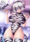  1girl alternate_costume animal_ears ass_visible_through_thighs blindfold breasts breasts_apart covered_nipples cowboy_shot ear_piercing fang gao highres large_breasts mole mole_under_mouth nier_(series) nier_automata open_mouth patreon_username paw_pose piercing print_blindfold print_legwear print_leotard sevie signature solo tail thighhighs tiger_ears tiger_tail transparent_leotard white_tiger_print yorha_no._2_type_b 