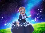  1girl :d bangs blue_dress blue_eyes brown_hair dress fizel_(sao) game_cg grass hair_between_eyes leaning_forward long_sleeves neck_ribbon outstretched_hand reaching_out red_ribbon ribbon short_hair sky smile solo standing star_(sky) starry_sky sword_art_online sword_art_online:_alicization_rising_steel 