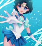  bishoujo_senshi_sailor_moon blue_background blue_bow blue_choker blue_eyes blue_hair blue_sailor_collar blue_skirt bow bubble choker chromatic_aberration elbow_gloves gloves highres inner_senshi koharumichi mizuno_ami sailor_collar sailor_mercury sailor_senshi_uniform short_hair skirt tiara 