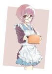  1girl :d apron bangs blue_sailor_collar blue_skirt brown_eyes cardigan eyebrows_visible_through_hair eyes_visible_through_hair frilled_apron frills glasses hair_between_eyes highres holding holding_pot kita_high_school_uniform long_sleeves looking_at_viewer maid_apron nagato_yuki nanabuluku open_mouth outside_border pot purple_hair sailor_collar school_uniform serafuku short_hair skirt smile solo steam suzumiya_haruhi_no_shoushitsu suzumiya_haruhi_no_yuuutsu white_apron 