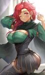  1girl ahoge ass boots breasts cleavage commentary_request dark-skinned_female dark_skin diadem earrings fire_emblem fire_emblem:_three_houses gonzarez hair_over_shoulder hapi_(fire_emblem) highres jewelry kneeling large_breasts long_hair long_sleeves looking_at_viewer medium_hair one_eye_closed pantyhose red_eyes red_hair solo thigh_boots thighhighs 