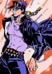  1boy belt black_hair blue_hair chain gakuran hat highres jojo_no_kimyou_na_bouken kujo_jotaro long_coat male_focus nitako school_uniform solo stardust_crusaders triangle_print 