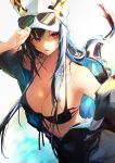  1girl adjusting_clothes adjusting_headwear arknights bangs bare_shoulders bikini black_bikini black_jacket blue_hair breasts ch&#039;en_(arknights) ch&#039;en_the_holungday_(arknights) cleavage commentary_request dragon_horns highres horns jacket large_breasts long_hair looking_at_viewer off_shoulder open_clothes open_jacket parted_lips partial_commentary red_eyes sakusyo smile solo swimsuit upper_body white_headwear 