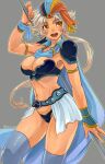 1girl armor bikini_armor breasts brown_eyes cape cleavage dissidia_final_fantasy final_fantasy final_fantasy_ii frioniel jewelry open_mouth pauldrons payu_(pyms11) ponytail shoulder_armor simple_background smile solo thighhighs white_hair 