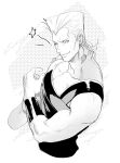  1boy bare_shoulders bracer earrings greyscale highres jean_pierre_polnareff jewelry jojo_no_kimyou_na_bouken male_focus monochrome nitako one_eye_closed solo star_(symbol) stardust_crusaders widow&#039;s_peak 