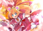  1girl :d animal_ears bear_ears blue_eyes bow bowtie brown_hair clenched_hands cowboy_shot cure_mofurun cure_mofurun_(ruby_style) dress fire gloves hat heart_brooch long_hair looking_at_viewer magical_girl mahou_girls_precure! mini_hat mini_witch_hat mitumi_mira open_mouth precure red_dress smile solo star_(symbol) star_in_eye striped striped_bow symbol_in_eye white_bow white_bowtie white_gloves witch_hat yellow_headwear 