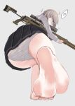 !? 1girl anti-materiel_rifle barefoot black_skirt bolt_action cheytac_m200 feet foot_focus girls&#039;_frontline grey_background grey_hair gun highres kilabo looking_at_viewer m200_(girls&#039;_frontline) o_o purple_eyes rifle scared skirt sniper_rifle soles solo tagme toes underwear weapon 