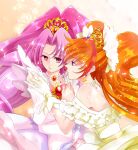  2girls akagi_towa amanogawa_kirara bangs bare_shoulders bow brooch brown_hair closed_mouth cure_scarlet cure_scarlet_(dress_up_premium) cure_twinkle cure_twinkle_(dress_up_premium) dress earrings expressionless frills gloves go!_princess_precure hair_ornament highres jewelry komanana320 long_hair looking_at_another looking_to_the_side magical_girl multicolored_hair multiple_girls orange_background parted_bangs pink_dress pink_hair precure profile purple_eyes red_bow red_eyes red_hair star_(symbol) star_earrings streaked_hair two-tone_hair upper_body yellow_dress yellow_gloves 