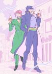  2boys chain cityscape food full_body gakuran hand_in_pocket hat highres ice_cream jojo_no_kimyou_na_bouken kakyoin_noriaki kujo_jotaro long_coat multiple_boys nitako pink_hair school_uniform stardust_crusaders walking 