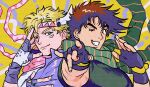  2boys battle_tendency blonde_hair blue_jacket brown_hair caesar_anthonio_zeppeli facial_mark feather_hair_ornament feathers fighting_stance fingerless_gloves gloves green_eyes green_scarf hair_ornament headband highres jacket jojo_no_kimyou_na_bouken joseph_joestar joseph_joestar_(young) male_focus multiple_boys nitako one_eye_closed pointing scarf striped striped_scarf triangle_print 