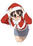  1girl absurdres brown_eyes brown_hair capelet commentary_request full_body fur-trimmed_capelet fur_trim glasses grey_skirt hat highres k-on! kicchi_(tmgk) long_sleeves manabe_nodoka no_shoes open_mouth pleated_skirt red_capelet red_shirt santa_costume santa_hat semi-rimless_eyewear shirt short_hair simple_background skirt socks solo sweat under-rim_eyewear white_background white_footwear 