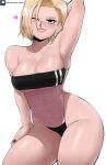  1girl absurdres android_18 bare_shoulders blonde_hair breasts cleavage covered_navel dragon_ball echo_saber gris_swimsuit highres large_breasts looking_at_viewer meme meme_attire navel one-piece_swimsuit see-through see-through_swimsuit short_hair simple_background smile solo swimsuit thighs white_background 