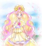  1girl blonde_hair blue_eyes bow brooch choker closed_mouth cowboy_shot cure_flora cure_flora_(grand_princess) dress earrings flower_choker flower_earrings glove_bow gloves go!_princess_precure gradient_hair hair_ornament haruno_haruka jewelry long_hair looking_at_viewer magical_girl multicolored_hair petticoat pink_bow pink_hair precure puffy_sleeves ribbon shiny shiny_hair shiny_skin shunciwi smile solo standing streaked_hair two-tone_hair white_bow white_choker white_ribbon yellow_dress yellow_gloves 