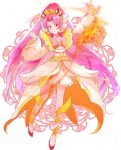  1girl akagi_towa bangs bow brooch choker closed_mouth cure_scarlet cure_scarlet_(grand_princess) dress earrings fire full_body go!_princess_precure highres jewelry legs_apart long_hair looking_at_viewer magical_girl mitumi_mira parted_bangs pink_bow pink_hair pointy_ears precure red_eyes red_footwear shoes smile solo standing white_background white_choker yellow_dress 