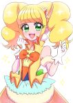  1girl :d absurdres blonde_hair bow brooch bubble_skirt cure_sparkle double_bun earrings gloves green_eyes hair_cones hair_ornament healin&#039;_good_precure heart heart_hair_ornament highres hiramitsu_hinata jewelry layered_skirt looking_at_viewer magical_girl medium_hair open_mouth orange_bow pom_pom_(clothes) pom_pom_earrings precure rii_(rii0_02) simple_background skirt smile solo standing star_brooch twintails upper_body white_background white_gloves white_skirt 