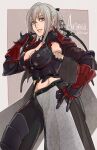  1girl aranea_highwind armor breasts cape cleavage final_fantasy final_fantasy_xv gloves grey_eyes highres large_breasts long_hair looking_at_viewer navel payu_(pyms11) silver_hair simple_background smile solo 