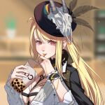  +_+ 1girl animal_skull bangs black_headwear blonde_hair breasts brown_eyes bubble_tea chinese_commentary cleavage drinking_straw eyebrows_visible_through_hair face hair_behind_ear hands highres jewelry large_breasts long_hair looking_at_viewer nijisanji nox_(vtuber) nox_de_xiao_hei_wu nox_official ring shirt sitting solo virtual_youtuber virtuareal white_shirt wrist_cuffs 
