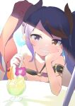  bare_shoulders bikini brown_hair collarbone copyright_request cup drinking_glass flat_chest fuyubone grin heterochromia highres horns leaning_on_table looking_at_viewer multicolored_hair purple_eyes purple_hair smile solo swimsuit twintails two-tone_hair upper_body 