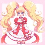  1girl :d absurdres asahina_mirai blonde_hair bow cure_miracle cure_miracle_(ruby_style) dress dress_bow earrings elbow_gloves gloves hair_bow hat hat_ornament heart heart_earrings heart_hat_ornament highres jewelry long_hair looking_at_viewer magical_girl mahou_girls_precure! mini_hat mini_witch_hat open_mouth pink_background pink_headwear precure puffy_sleeves purple_eyes red_bow red_dress rii_(rii0_02) skirt_hold smile solo thighhighs twintails white_gloves white_legwear witch_hat 