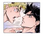  2boys battle_tendency caesar_anthonio_zeppeli facial_mark feather_hair_ornament feathers green_eyes hair_ornament jojo_no_kimyou_na_bouken joseph_joestar joseph_joestar_(young) male_focus multiple_boys nitako pointing profile sweat triangle_print 