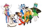 &gt;_&lt; 6+girls absurdres american_flag_dress antennae aqua_hair arms_behind_back ascot barefoot black_footwear black_headwear blonde_hair blue_bow blue_dress blue_hair boots bow brown_hair butterfly_wings chestnut_mouth cirno closed_eyes closed_mouth clownpiece constellation_print detached_wings dress eternity_larva eyebrows_visible_through_hair fairy fairy_wings full_body green_dress green_skirt hair_between_eyes hair_bow hat headdress highres hyoju032 ice ice_wings jester_cap knee_boots leaf leaf_on_head loafers long_hair long_sleeves luna_child matara_okina multicolored_clothes multicolored_dress multiple_girls one_eye_closed open_mouth orange_hair orange_sleeves pantyhose pink_eyes pink_headwear polka_dot_headwear puffy_short_sleeves puffy_sleeves purple_eyes red_dress shirt shoes short_hair short_sleeves simple_background single_strap skirt smile socks star_(symbol) star_print star_sapphire striped striped_dress striped_legwear sunny_milk tabard torn_clothes torn_dress torn_legwear touhou touhou_sangetsusei two_side_up white_background white_dress white_headwear white_legwear white_shirt wide_sleeves wings yellow_ascot 