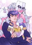  2boys black_hair crazy_diamond diamond_wa_kudakenai gakuran heart higashikata_josuke highres index_finger_raised jojo_no_kimyou_na_bouken male_focus multiple_boys nitako peace_symbol pompadour purple_hair school_uniform smile stand_(jojo) 