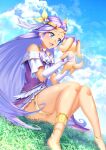  1girl :d absurdres animal anklet bare_legs barefoot blue_eyes blue_sky bow circlet cloud cure_earth curecycadura day dog dress earrings elbow_gloves floating_hair gloves grass hair_bow hair_intakes hair_ornament healin&#039;_good_precure heart heart_hair_ornament highres holding holding_animal jewelry latte_(precure) long_hair off-shoulder_dress off_shoulder outdoors precure purple_dress purple_hair shiny shiny_hair short_dress sitting skindentation sky smile thighlet very_long_hair white_gloves yellow_bow 