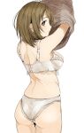  1girl arms_up ass bra breasts brown_eyes brown_hair commentary_request from_behind gatsby_ssl highres idolmaster idolmaster_cinderella_girls large_breasts looking_at_viewer mimura_kanako panties short_hair simple_background solo standing underwear underwear_only undressing white_background white_bra white_panties 